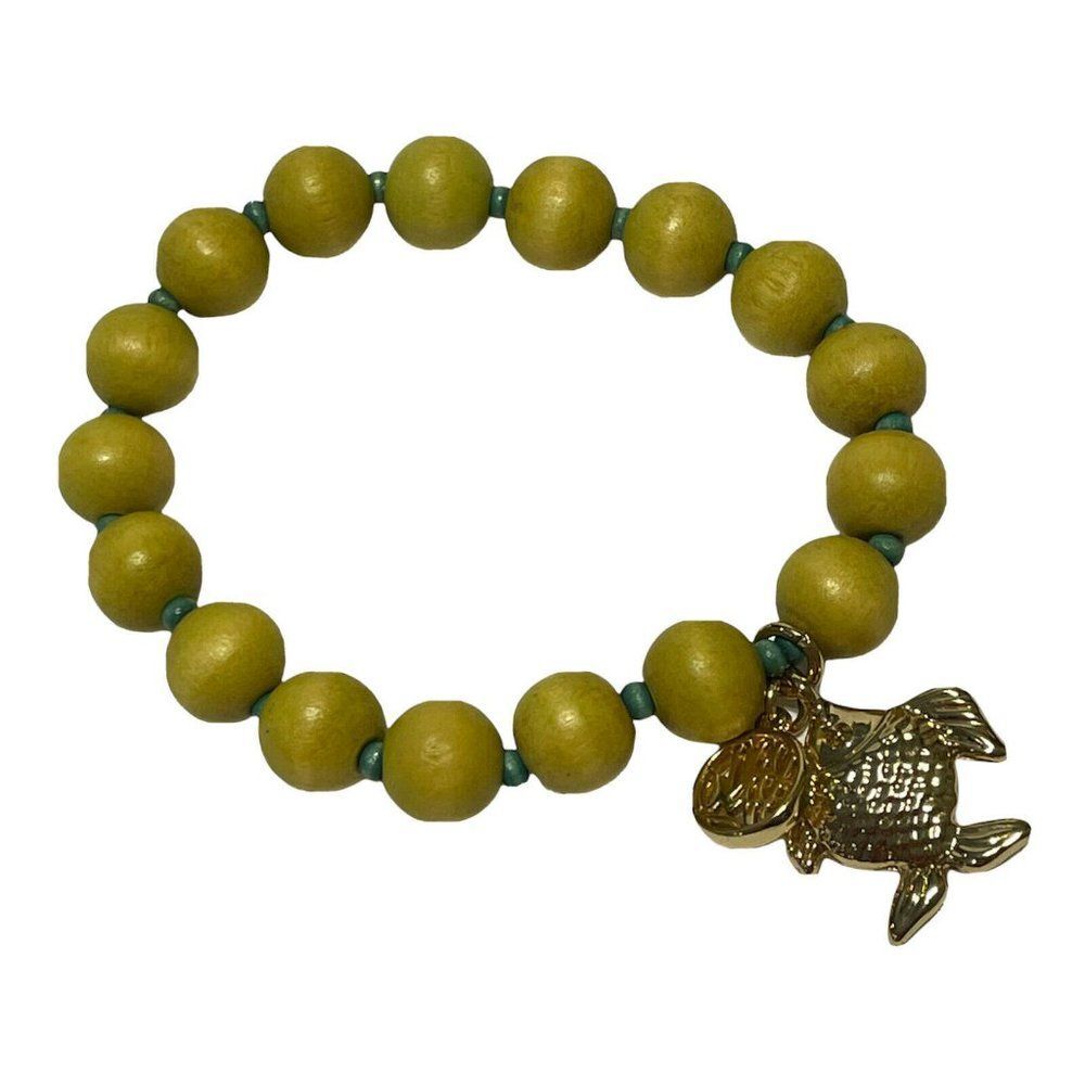 lilly pulitzer Yellow green wood bead stretch Boho bracelet logo fish charm